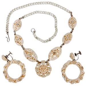 Vintage Mid Century Celluloid Floral Necklace Earrings Set Rhinestone Parure